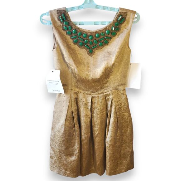 Shoshanna Gold Metallic Brocade Dress Jeweled Collar Woman's Sz 0 The RealReal - Picture 1 of 16